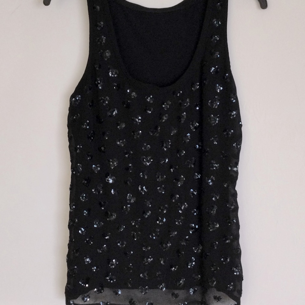 Black Tank Sequined Hearts Front Side Knit Back Side Sz S no size tag attached